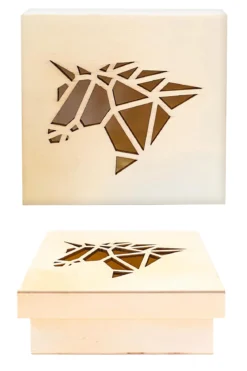 BOITE EN BOIS DECOUPE ORIGAMI LICORNE 11.3 X 11.3 X 5CM