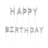 BOUGIES LETTRES HAPPY BIRTHDAY ET PIC PLASTIQUE H.3CM ARGENT