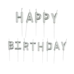 BOUGIES LETTRES HAPPY BIRTHDAY ET PIC PLASTIQUE H.3CM ARGENT
