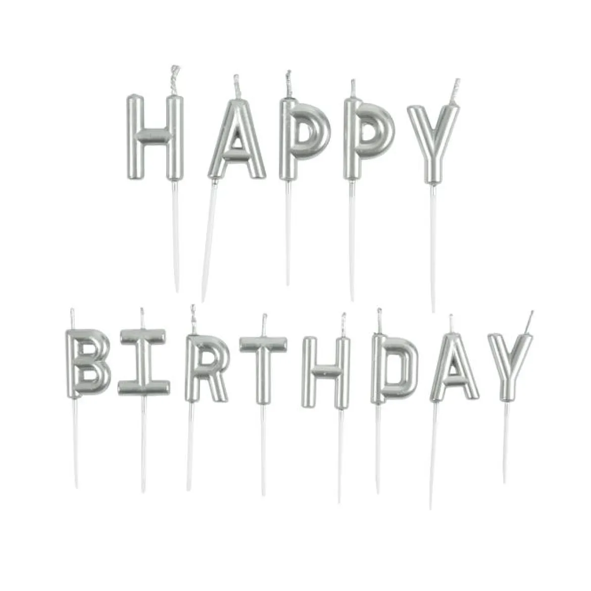 BOUGIES LETTRES HAPPY BIRTHDAY ET PIC PLASTIQUE H.3CM ARGENT