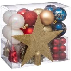 BOULE DE NOEL KIT 44 PIECES DORE ROUGE BLEU BLANC