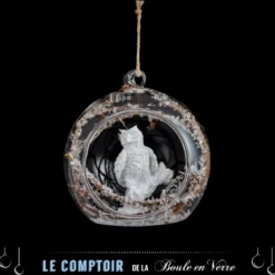 BOULE DE NOEL OUVERTE VERRE AVEC ECUREUIL 8CM