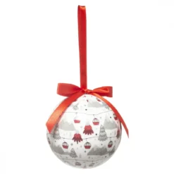 BOULE DE NOEL PAPIER IMPRIME 7.5CM MONTAGNE ET TELESIEGE