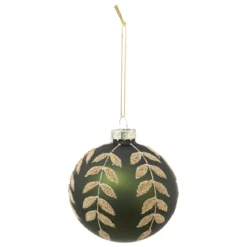 BOULE DE NOEL VERRE VERTE FEUILLE OR 8CM
