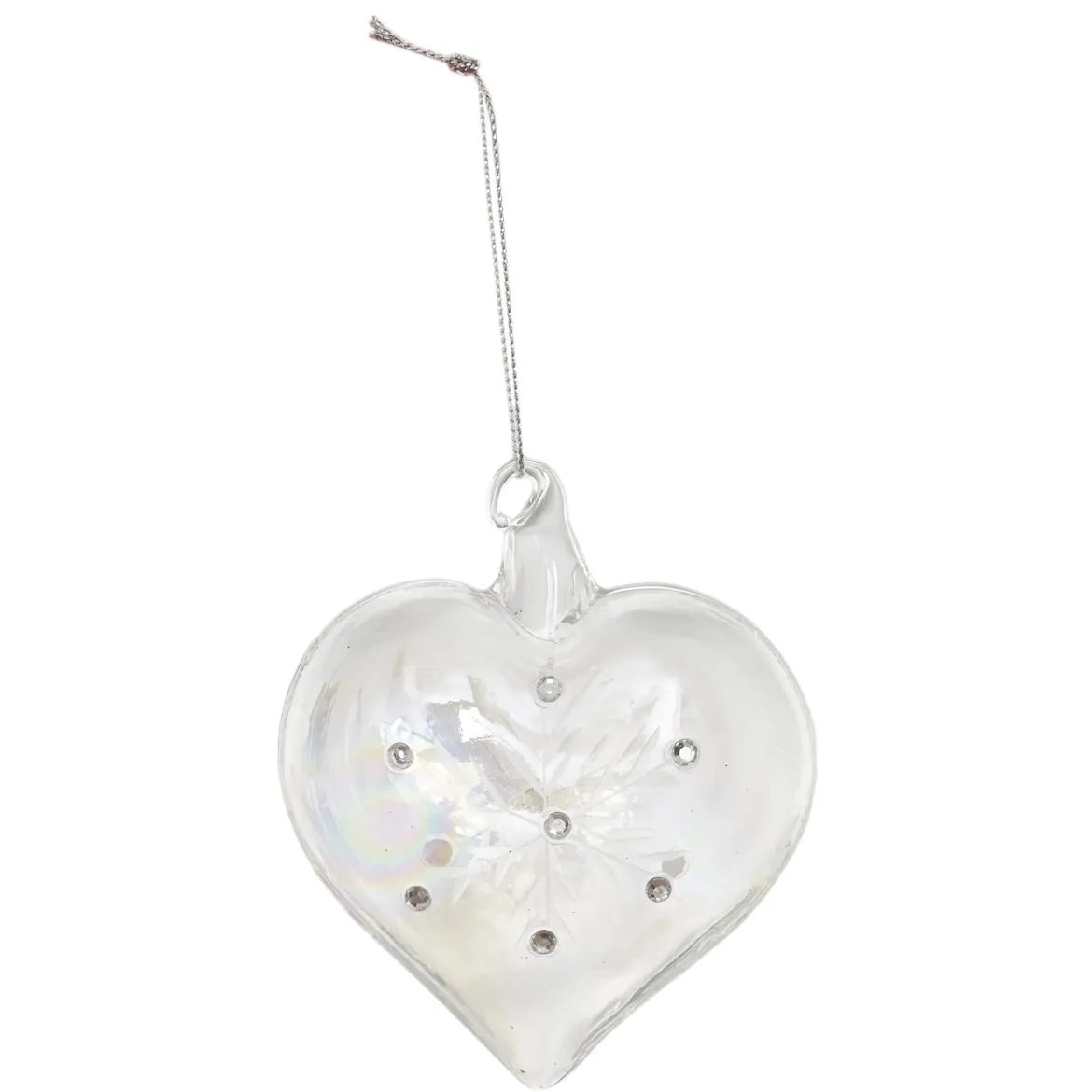 BOULE EN VERRE ARGENTEE IRISEE FORME COEUR 8CM