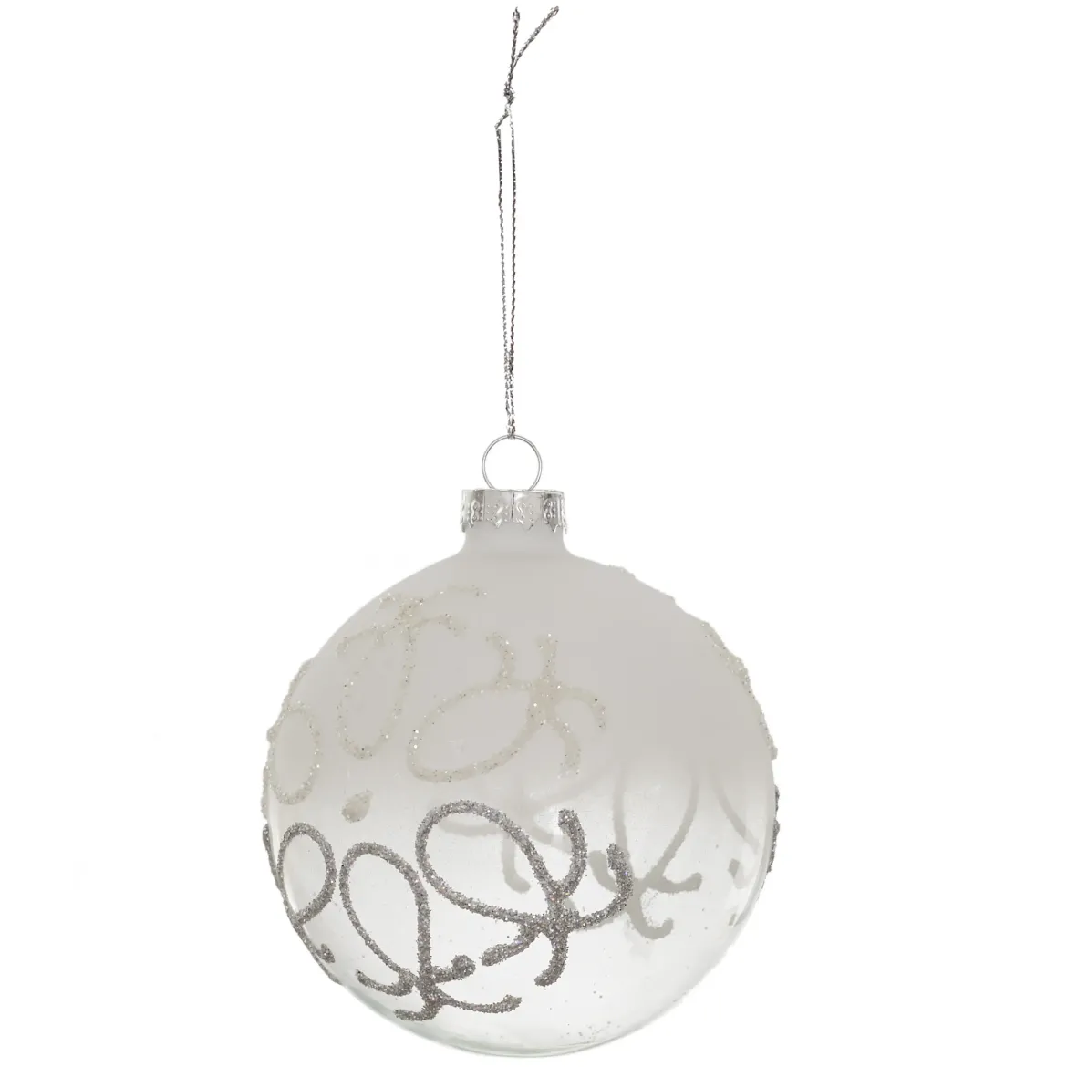 BOULE EN VERRE FUME BLANC AVEC ORNEMENTS 8CM