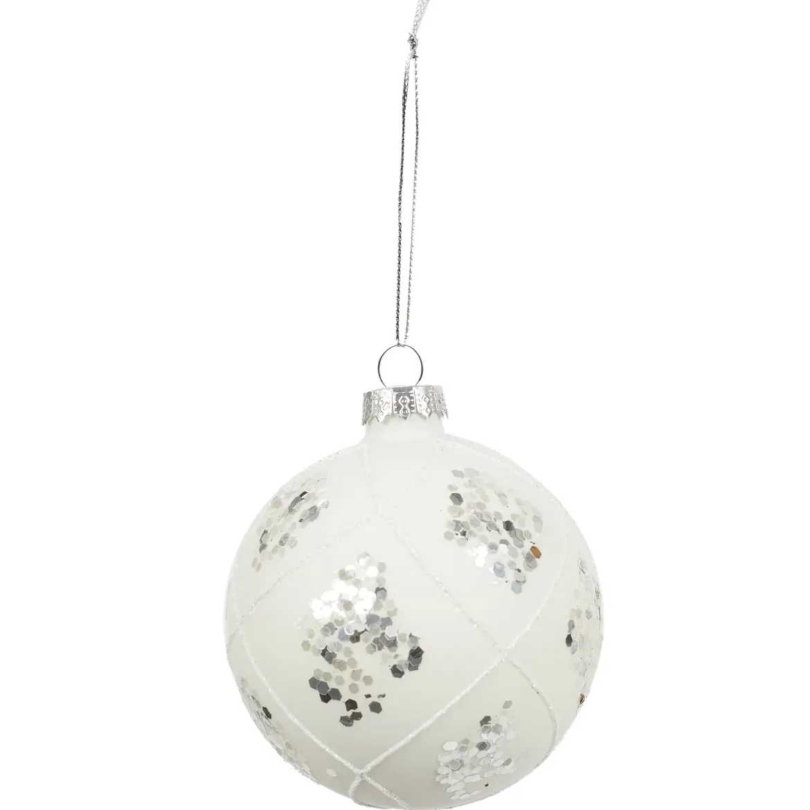 BOULE NOEL VERRE BLANCHE ET ARGENTE 8CM
