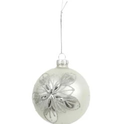 BOULE NOEL VERRE BLANCHE ET ARGENTE 8CM