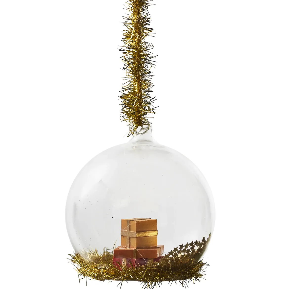 BOULE NOEL VERRE PILE CADEAUX D.8CM