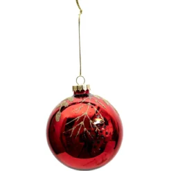 BOULE NOEL VERRE ROUGE BRANCHAGE DOREE 8CM