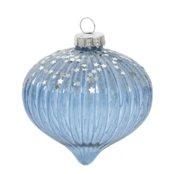 BOULE VERRE BLEUE OIGNON AVEC ETOILES ARGENT D.8CM