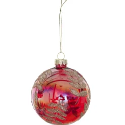 BOULE VERRE ROUGE IRISE FEUILLES DOREES D.8CM