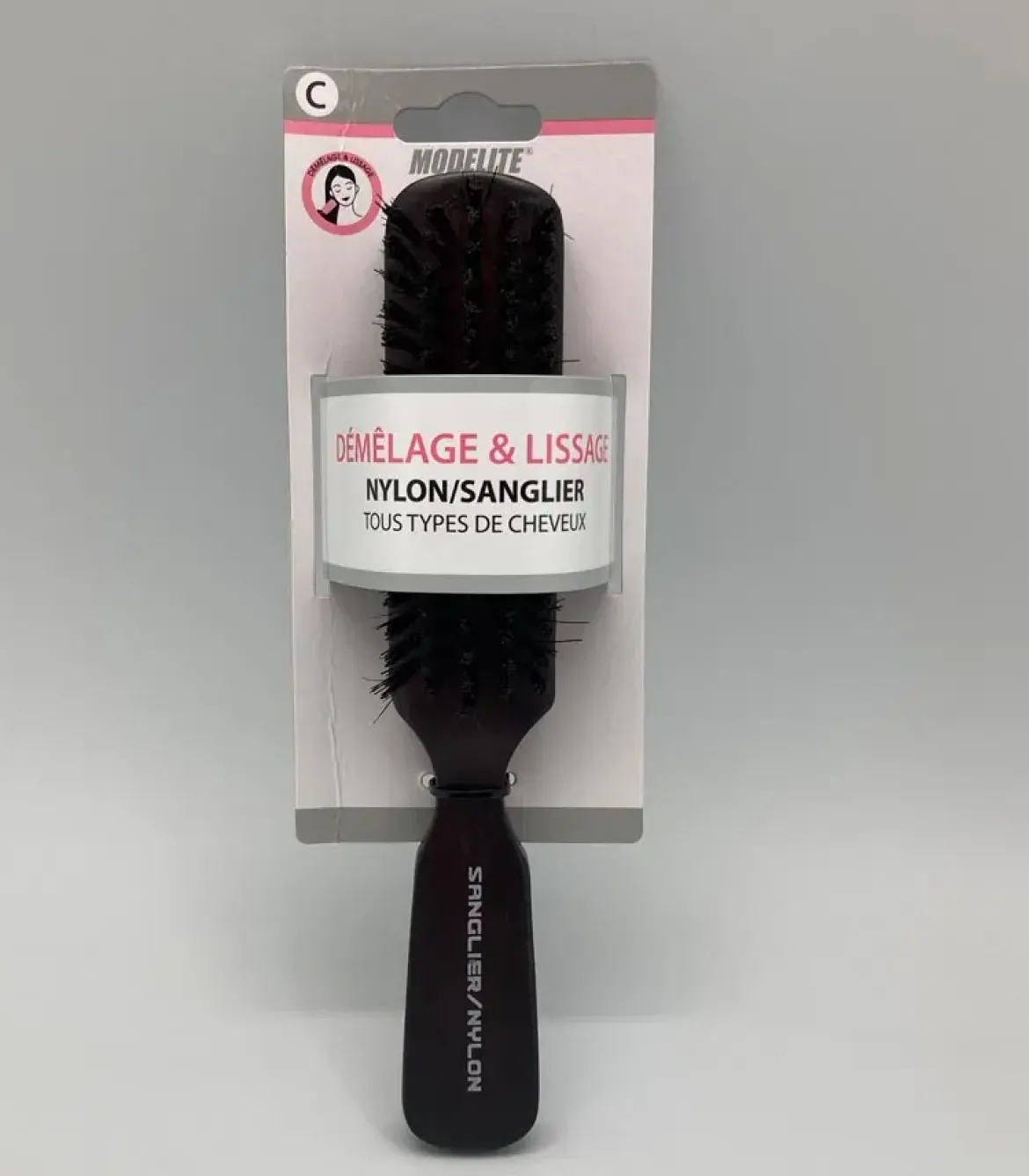 BROSSE PLATE BOIS PICOTS NYLON SANGLIER BOIS MARRON