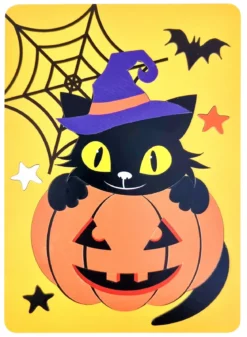 CARTE PUZZLE CHAT CITROUILLE ET GOMMETTES 16X22CM