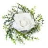 CENTRE DE TABLE ROSE ET FEUILLAGE BLANC