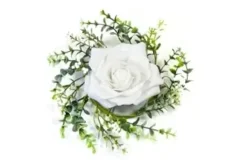 CENTRE DE TABLE ROSE ET FEUILLAGE BLANC