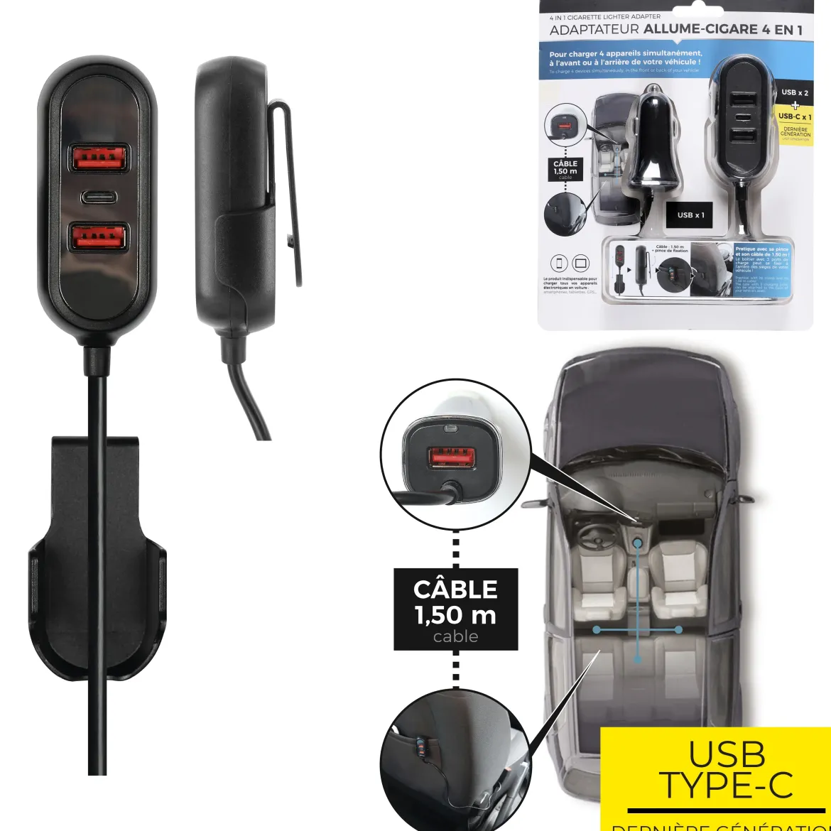 CHARGEUR VOITURE BANQUETTE ARRIERE 5 PORTS
