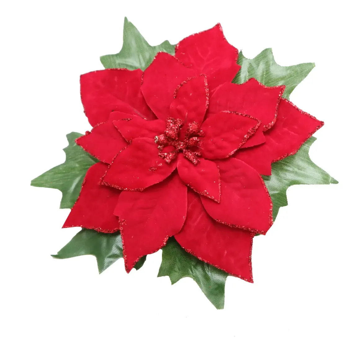 CLIP POINSETTIA VELOURS FEUILLAGE PAILLETE D.17CM ROUGE