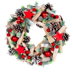 COURONNE DE NOEL VERT ROUGE ET BOIS 29CM
