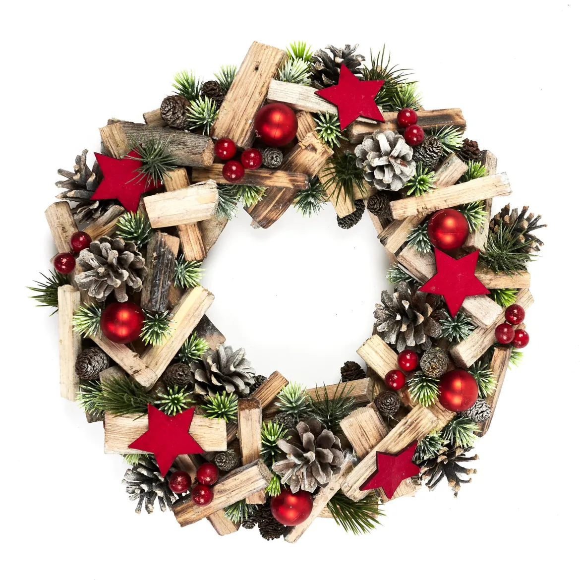 COURONNE DE NOEL VERT ROUGE ET BOIS 35CM