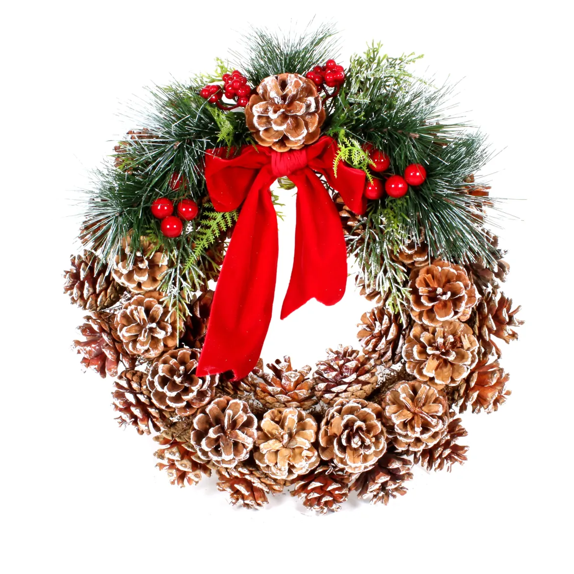 COURONNE EN POMMES DE PIN ET RUBAN 32CM