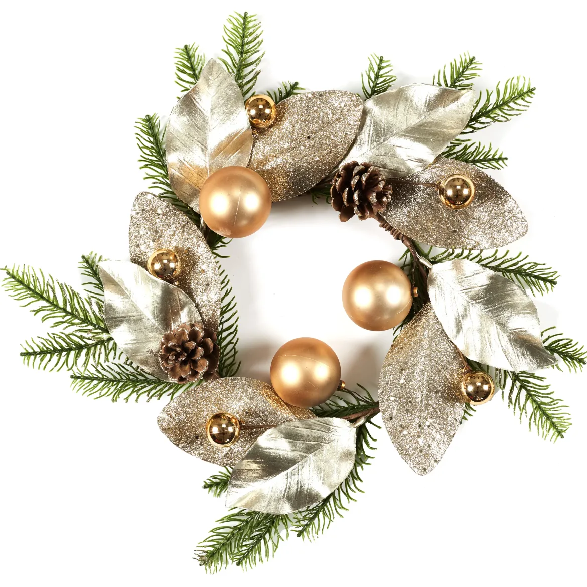 COURONNE FEUILLES DOREES BOULES POMMES DE PIN 35CM