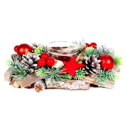 COURONNE PHOTOPHORE VERT ROUGE ET BOIS 20X12CM