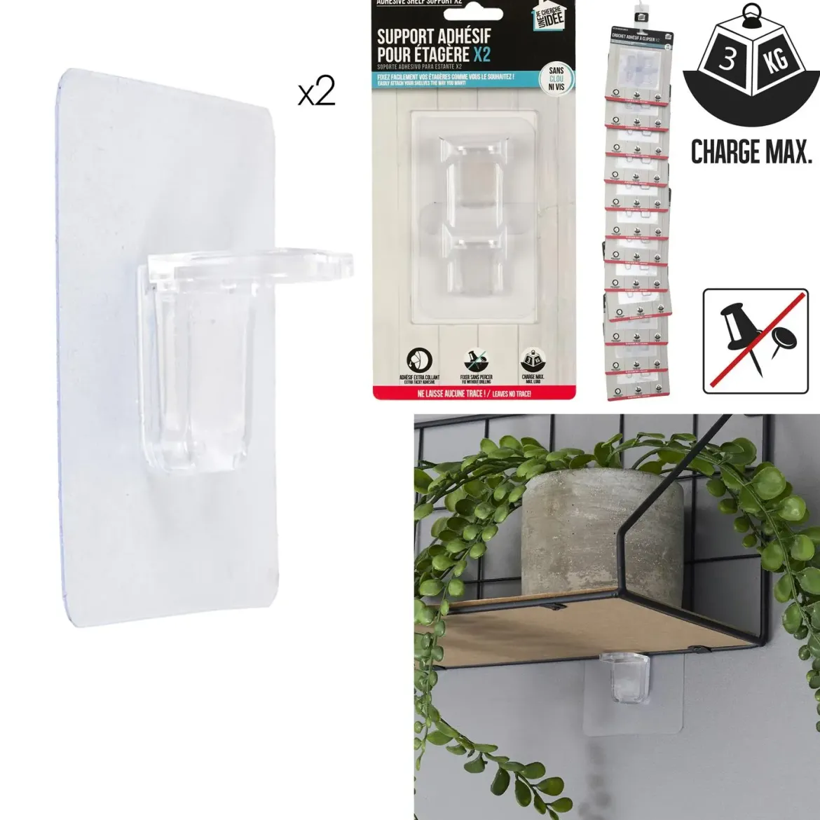 CROCHET ETAGERE AUTO ADHESIF 3KG X2 PIECES