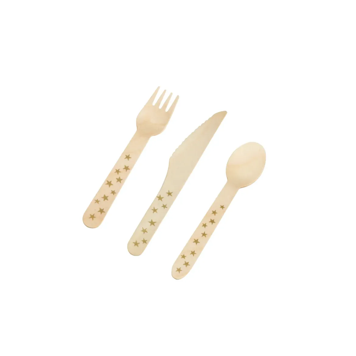 ENSEMBLE COUVERTS BOIS IMPRIME ETOILES OR X18 PIECES