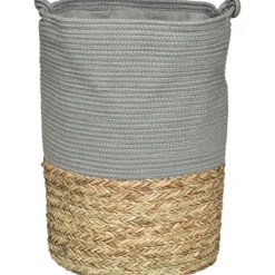 GRANDE PANIERE A LINGE RONDE MATIERE VEGETALE KAKI NATUREL