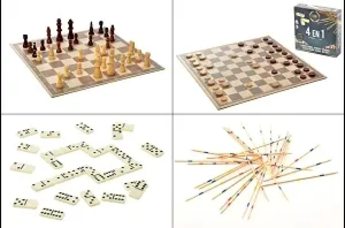JEU 4 EN 1 DAMES ECHECS DOMINOS MIKADO