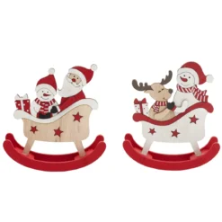 LUGE NOEL A BASCULE ROUGE BLANC ET BOIS 12X14CM