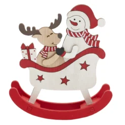 LUGE NOEL A BASCULE ROUGE BLANC ET BOIS 12X14CM