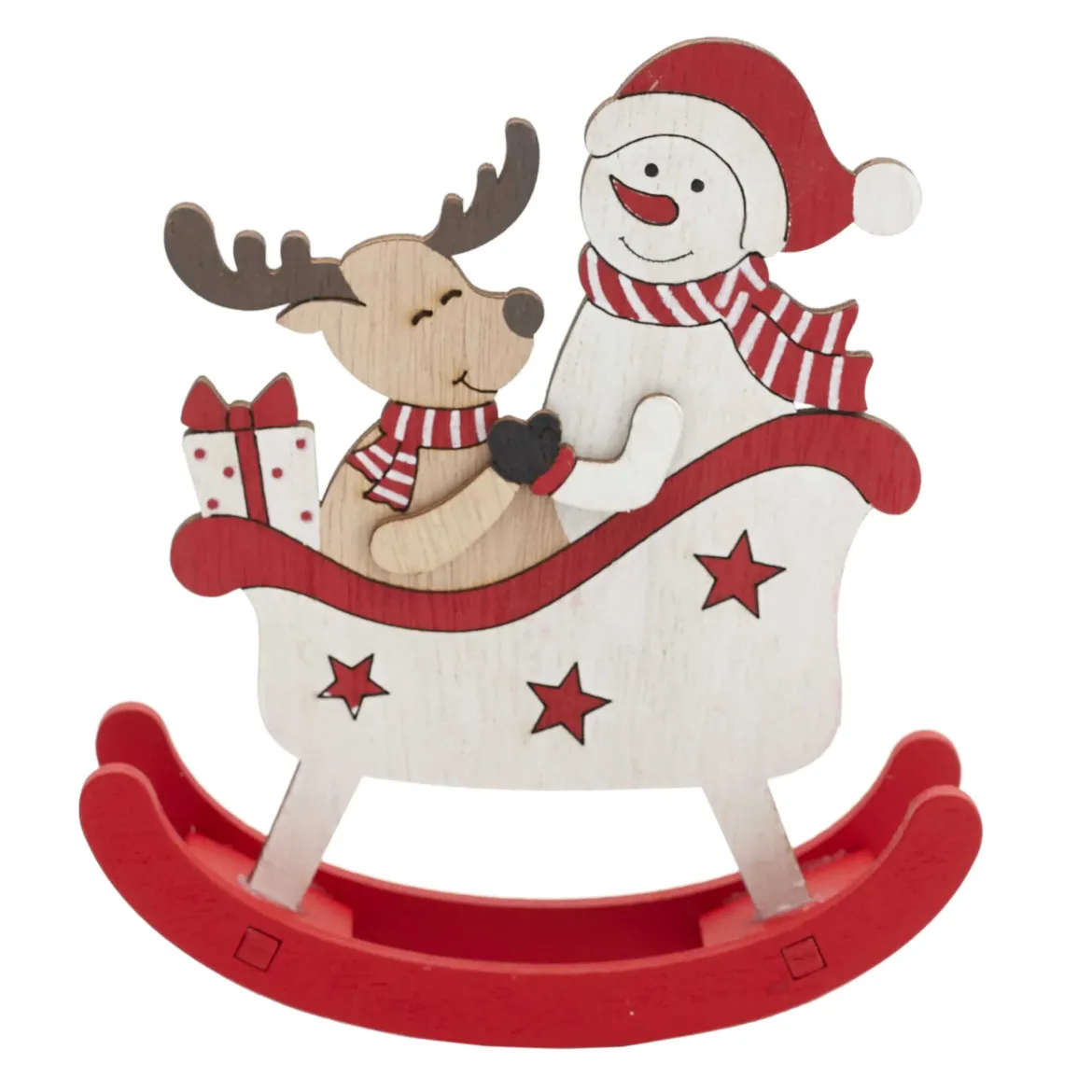 LUGE NOEL A BASCULE ROUGE BLANC ET BOIS 12X14CM