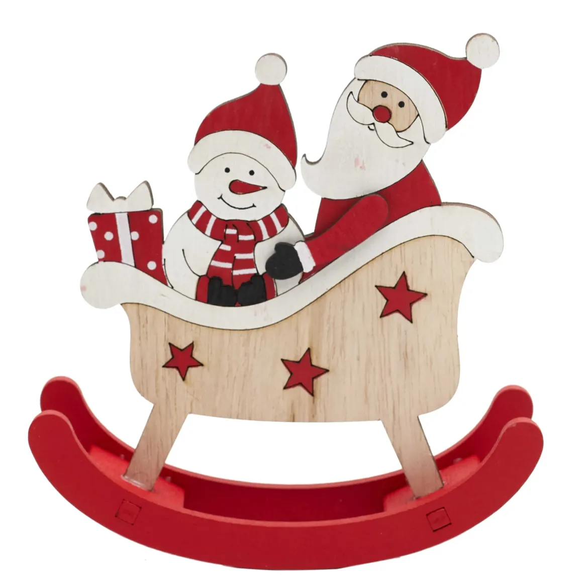 LUGE NOEL A BASCULE ROUGE BLANC ET BOIS 12X14CM