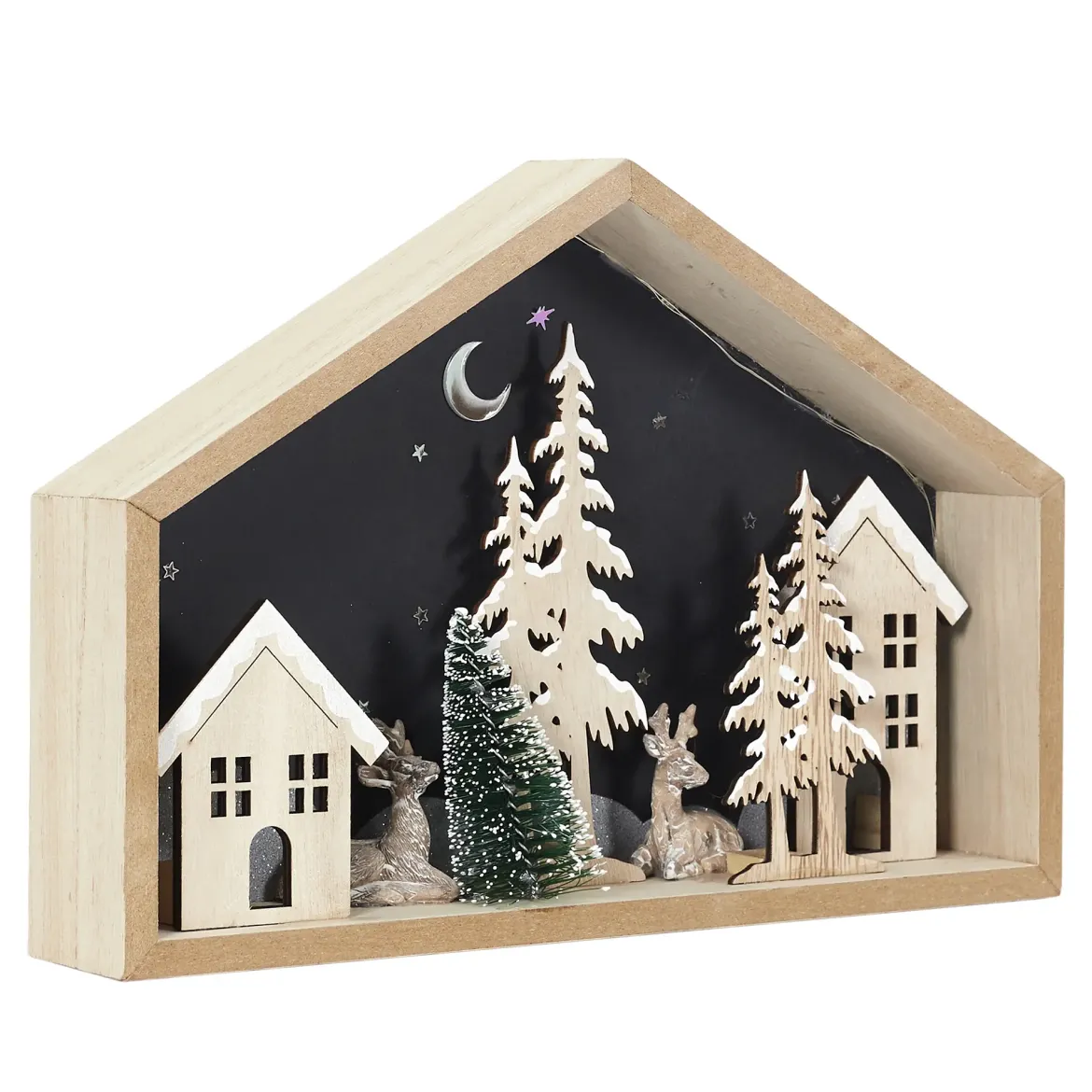 MAISON DECOR BOIS 16XH20CM ET SAPIN AVEC LED