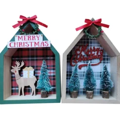 MAISON NOEL BOIS A POSER CERF SAPIN 13X15CM