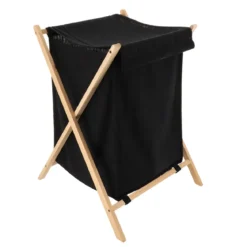 PANIERE A LINGE PLIABLE SAPIN ET TISSU NATUREL NOIR