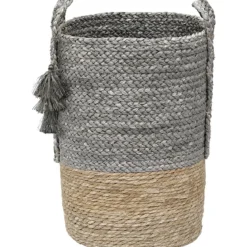 PANIERE MATIERE VEGETALE POMPONS D.33.5X45CM NATUREL GRIS