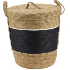 PANIERE PAPIER ET PAILLE AVEC COUVERCLE 37X43CM NOIR NATUREL