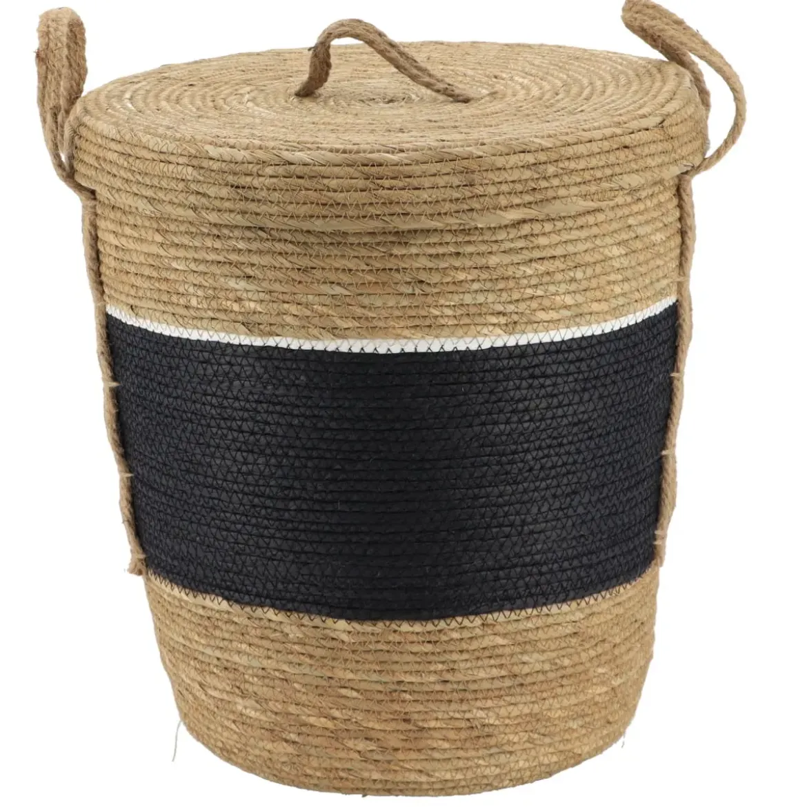 PANIERE PAPIER ET PAILLE AVEC COUVERCLE 37X43CM NOIR NATUREL