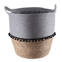 PANIERE RONDE DECO POMPONS D.37X43CM GRIS NATUREL