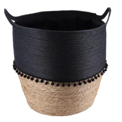 PANIERE RONDE DECO POMPONS D.37X43CM NOIR NATUREL