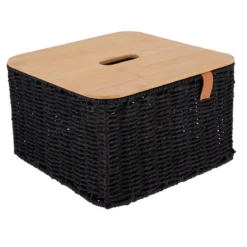 PANIER PAPIER METAL COUVERCLE BAMBOU 27X27X16CM NOIR