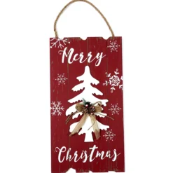PLAQUE EN BOIS ROUGE MERRY CHRISTMAS 24X46CM