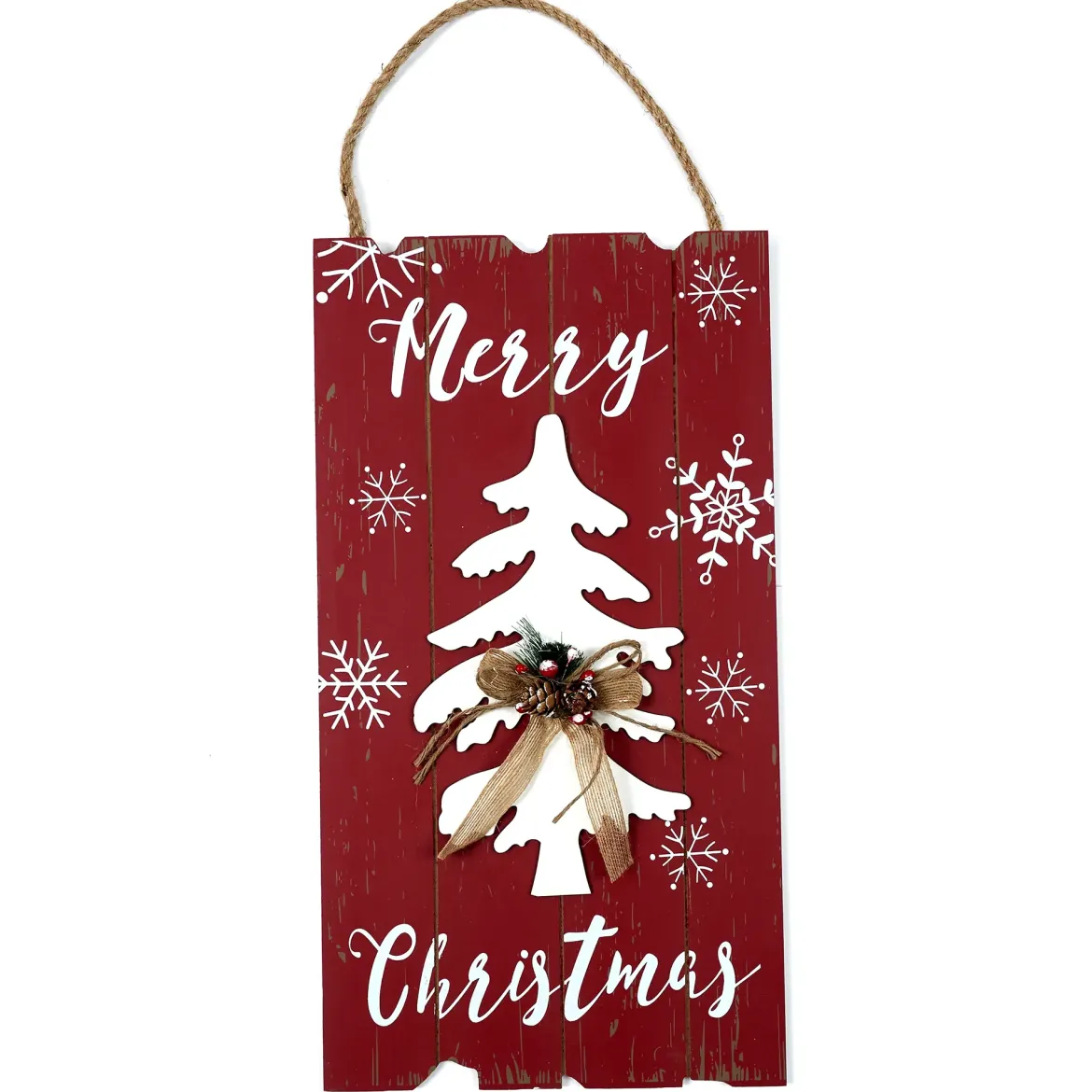 PLAQUE EN BOIS ROUGE MERRY CHRISTMAS 24X46CM