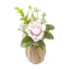ROSE FLEURETTES ET FEUILLAGE DANS POT EN TOILE ROSE