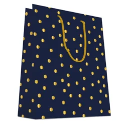 SAC CADEAUX POIS DORE CHAUD OR FOND MARINE 26X32CM