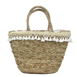 SAC DE PLAGE EN JONC DE MER POMPONS 51X29CM