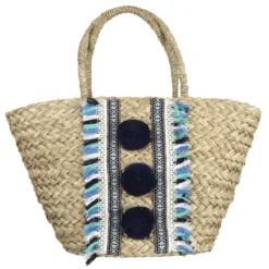 SAC DE PLAGE POMPOMS BLEUS 52X20X30CM